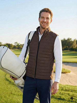 Lightweight Water-Resistant Puffer Vest, Coffee Brown (Model wearing the vest outdoors)